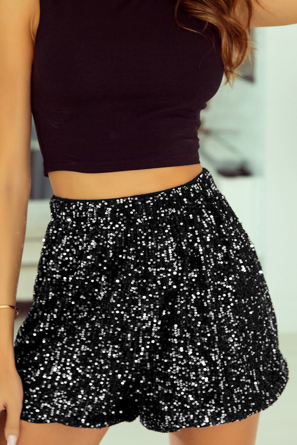 Black Sequin Straight Leg High Waist Casual Shorts