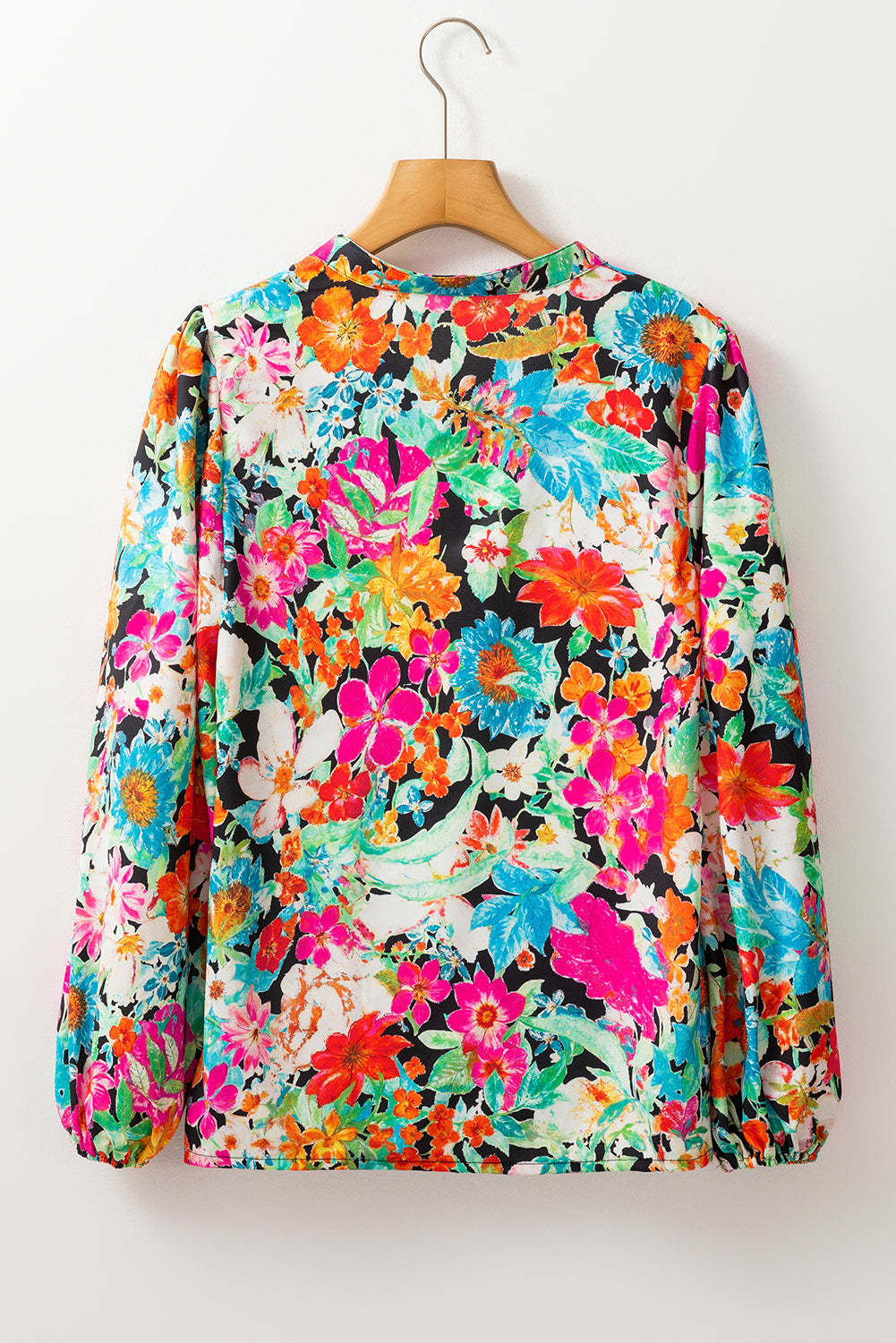 Multicolour Floral Print Bubble Sleeve V Neck Ruffled Blouse