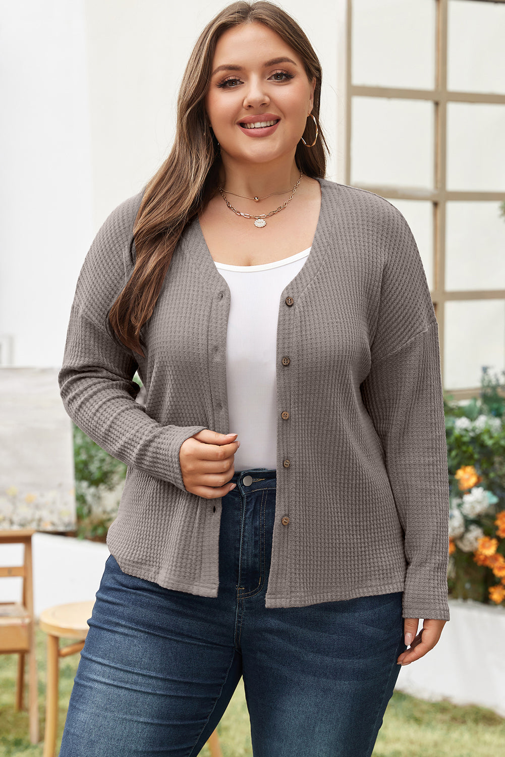 Simply Taupe Waffle Knit Drop Shoulder Button V Neck Plus Size Top