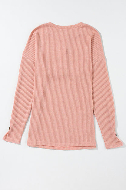 Rose Tan Rib Textured Henley Knit Top