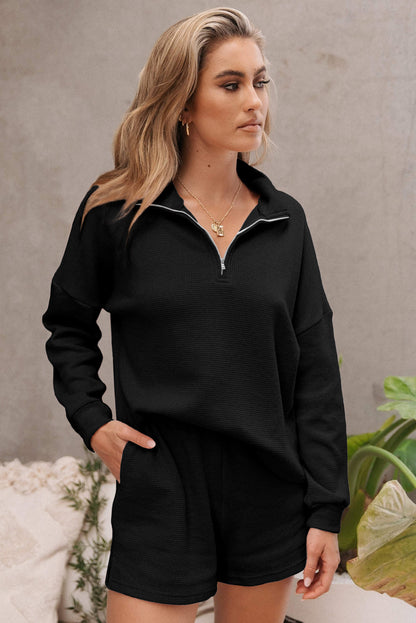 Black Ribbed Zipper Sweatshirt and High Waist Shorts Set