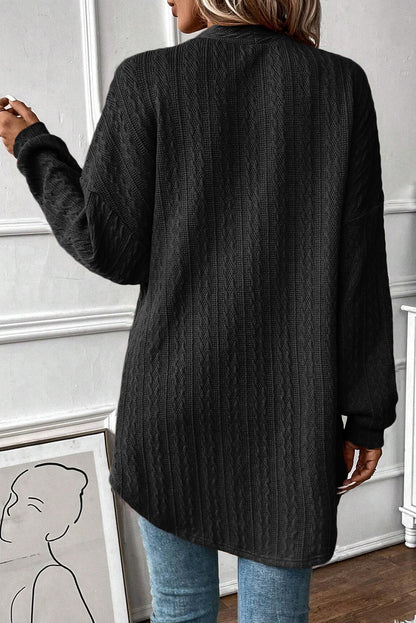 Black Textured Knit Side Pockets Open Front Cardigan