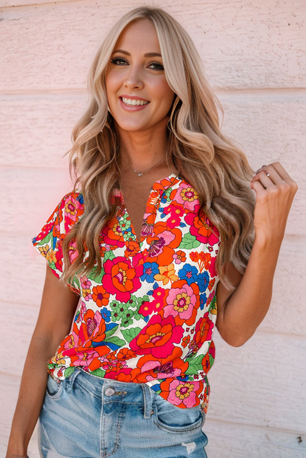 Fiery Red Floral Split Neck Top