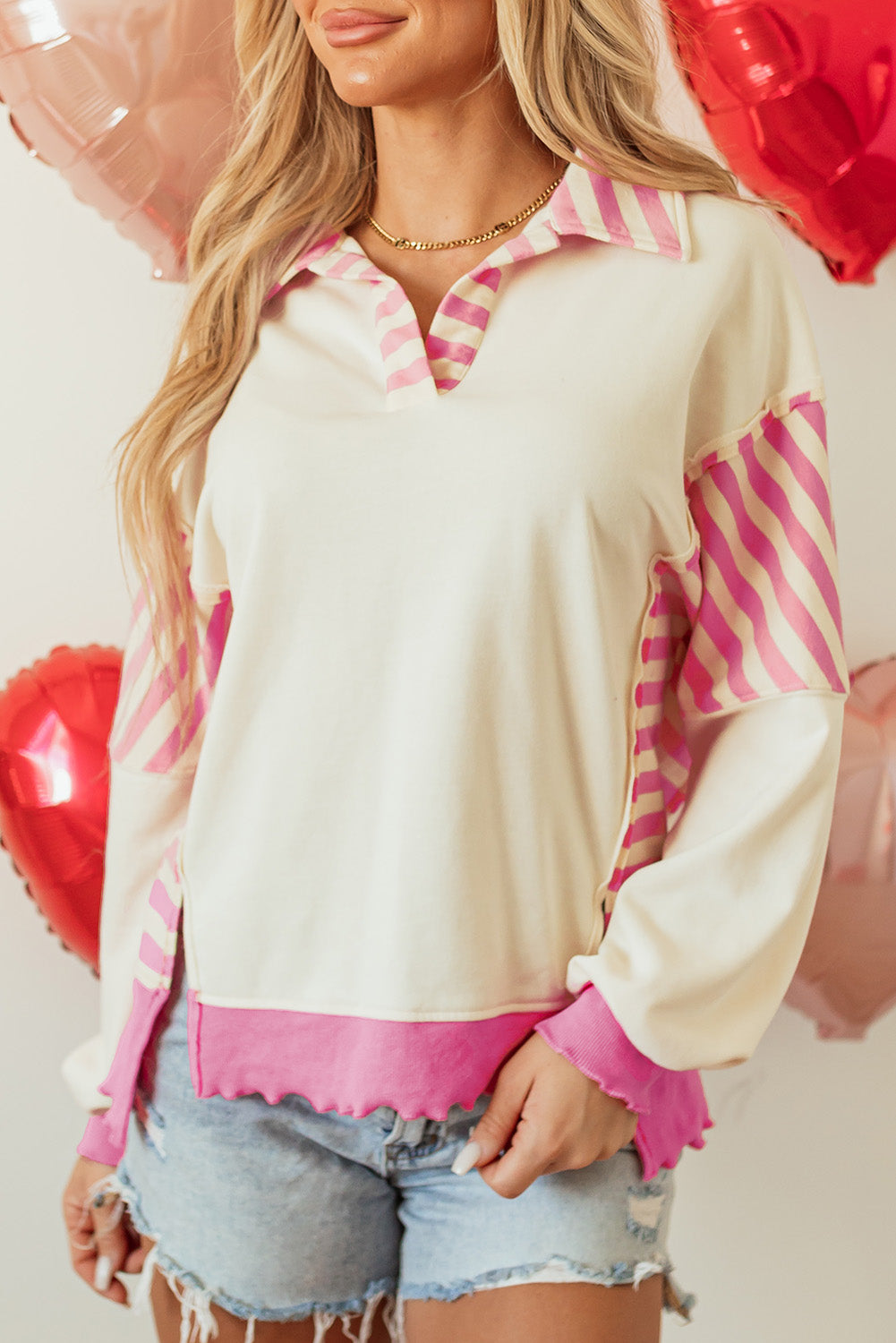 Pink Stripe Colorblock Patchwork Collared French Terry Knit Top