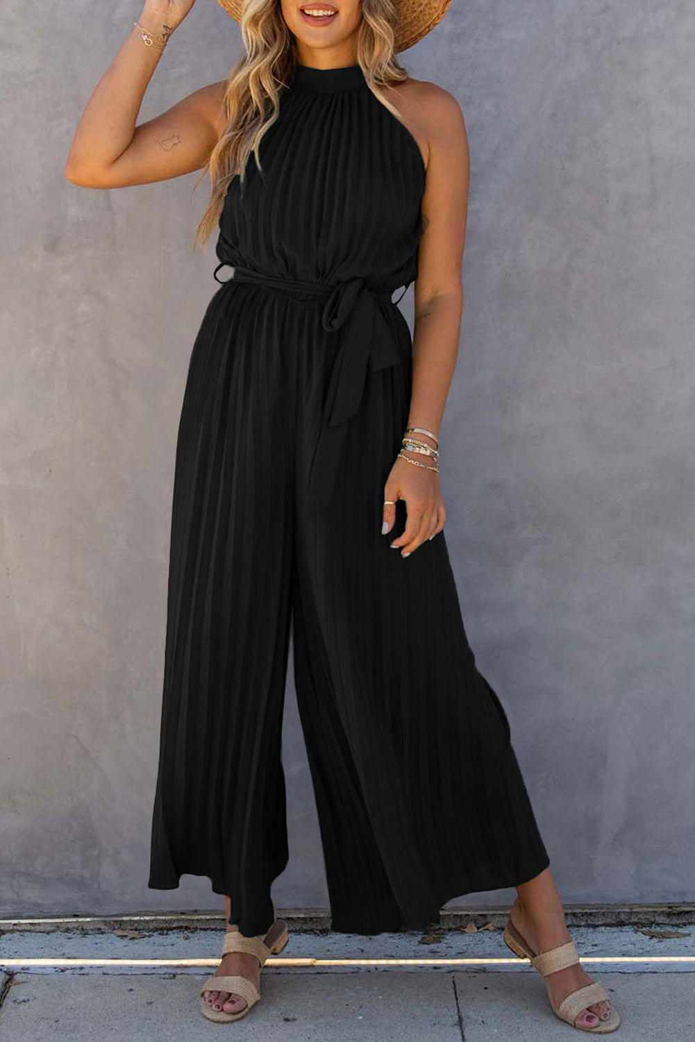 Black Halter Neck Pleated Wide Leg Jumpsuit with Belt