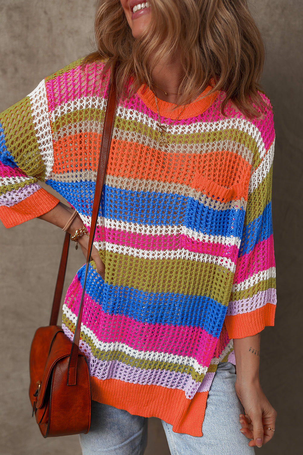 Orange Stripe Colorblock Hollowed Crochet 3/4 Sleeve Sweater