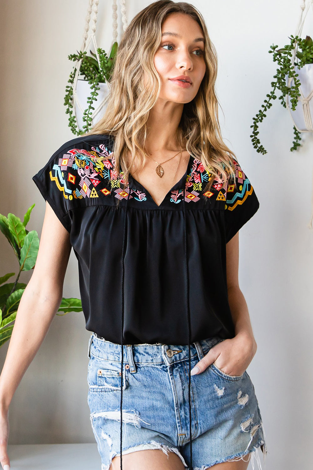 Black Geometric Floret Embroidered Short Sleeve Blouse