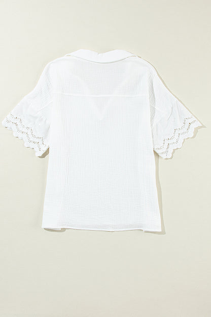 White Crinkled Lace Splicing Sleeve Collared V Neck Blouse