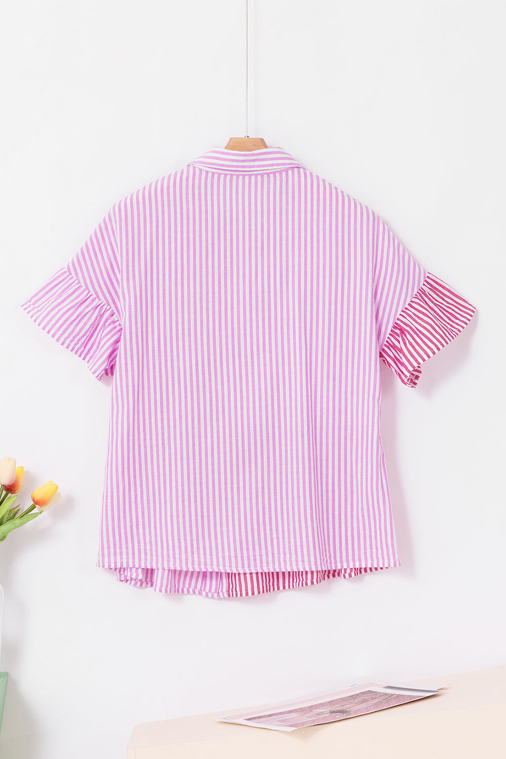 Pink Stripe Striped Patchwork Ruffled Hem Button up Shirt