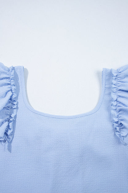 Beau Blue Textured Bow Knot Frilled Butterfly Sleeve Blouse