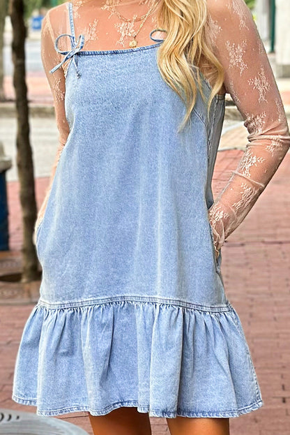 Beau Blue Bow Detail Spaghetti Straps Ruffle Hem Denim Short Dress