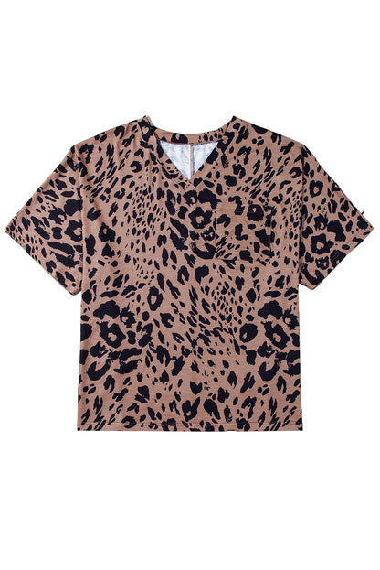 Brown Leopard Print V Neck Half Sleeve Oversized Tee