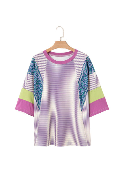 Purple Stripe Floral Color Block Raw Edge Patchwork Bracelet Sleeve Blouse