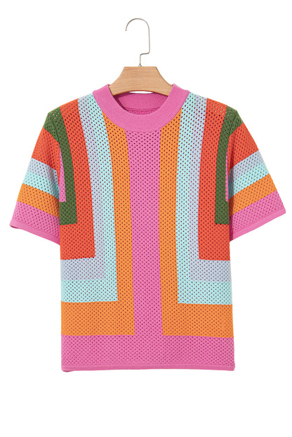 Orange Color Block Eyelet Casual Sweater T Shirt