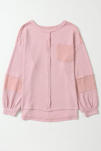 Pink Exposed Seam Patchwork Bubble Sleeve Waffle Knit Top