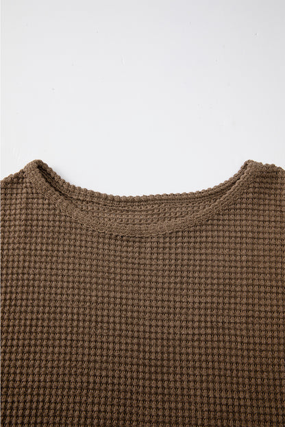 Dark Brown Waffle Knit Drop Shoulder Long Sleeve Top