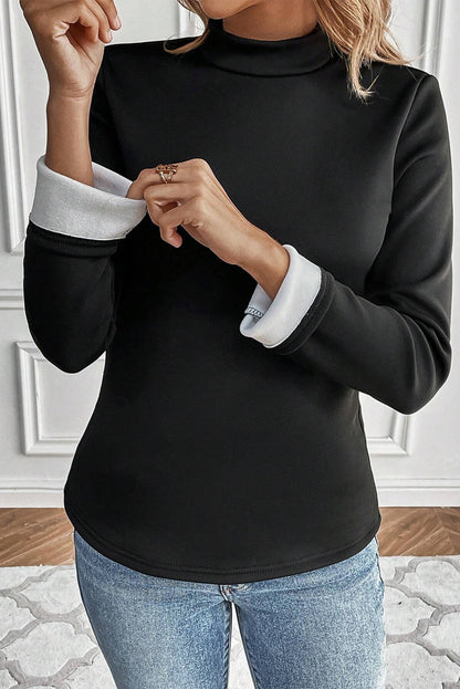 Black Mock Neck Thermal Lined Long Sleeve Tee