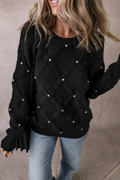 Black Pearl Embellished Rhombus Pattern Sweater