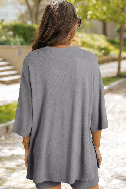 Light Grey Solid Color Loose Tunic Top and Slim Shorts Set