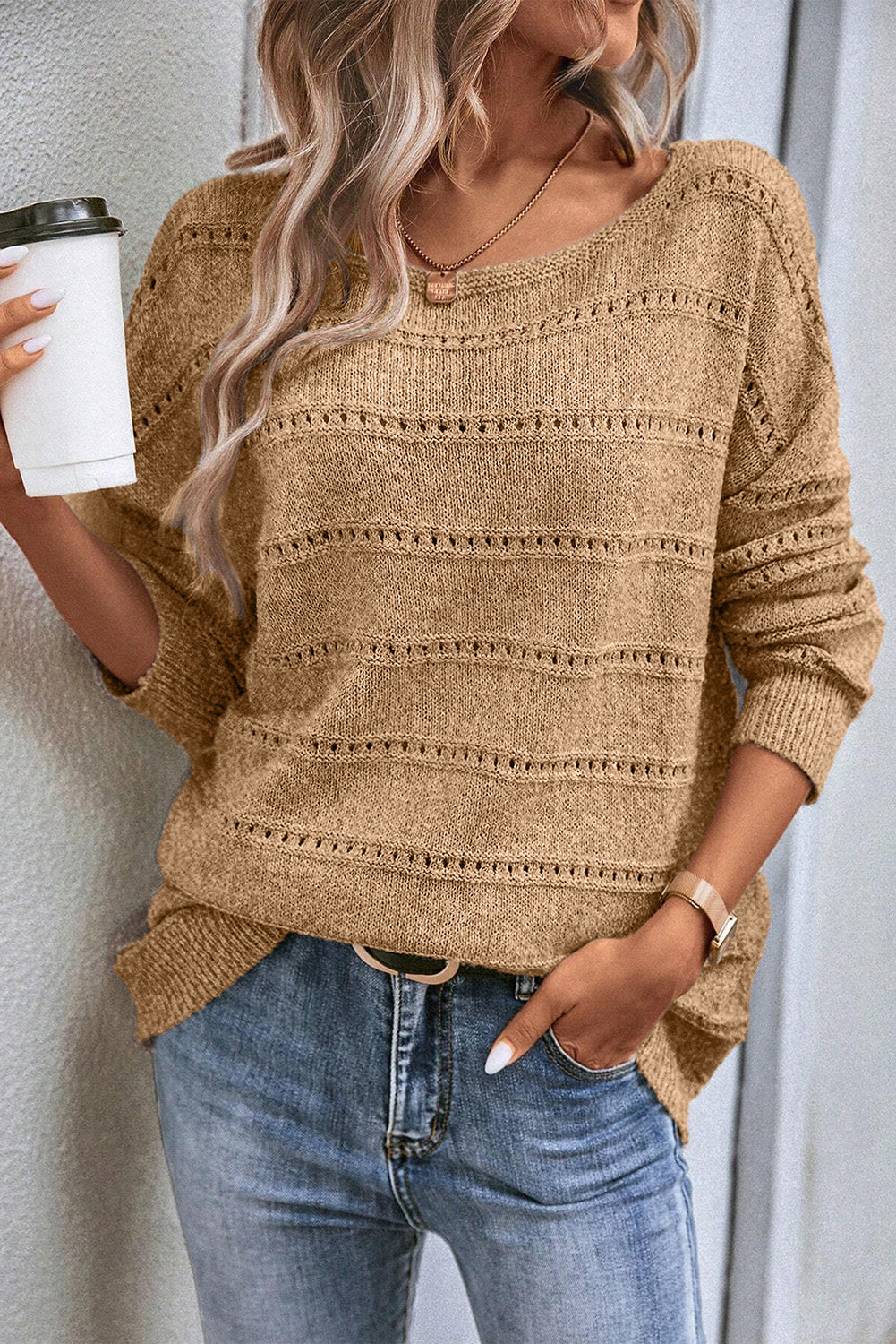 Pale Khaki Boat Neck Drop Shoulder Pointelle Knit Sweater