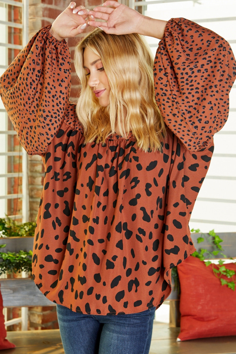 Brown Contrast Leopard Print Bubble Sleeve Blouse