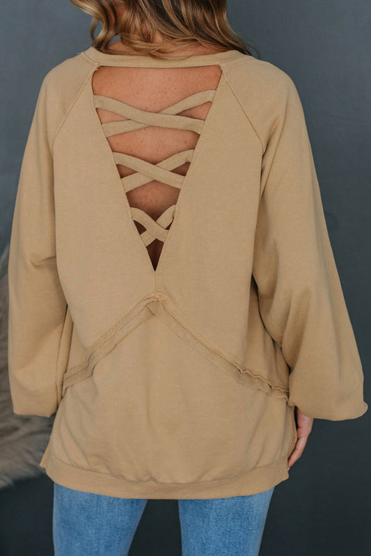 Light French Beige Solid Color Lattice Hollow Out Back Sweatshirt