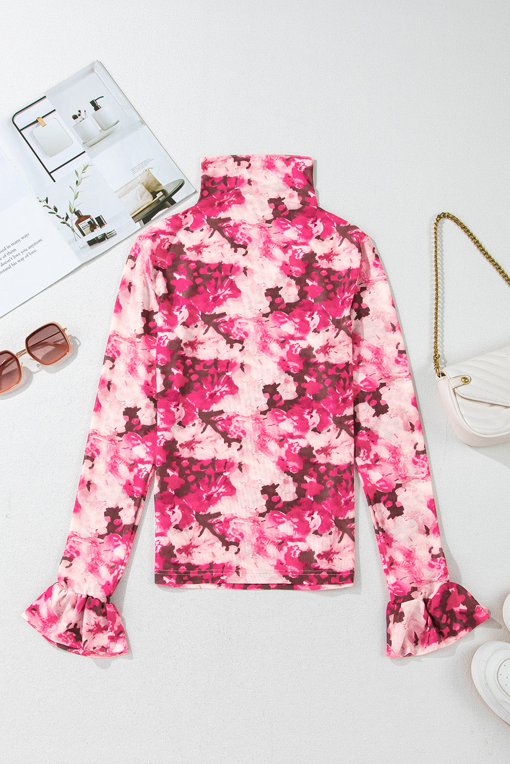 Rose Floral Mesh Flounce Sleeve Mock Neck Blouse