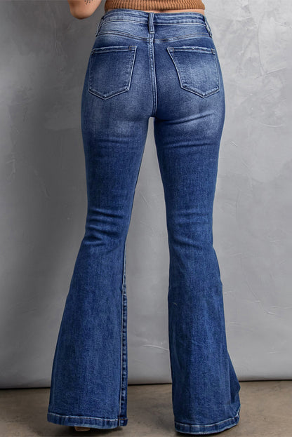 Dark Blue Plus Size Stitching Washed Flare Jeans