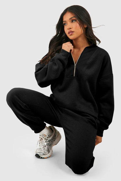 Black Plain Half Zip V Neck Ribbed Edge Loose Tracksuit