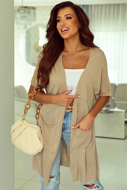 Khaki Dolman Half Sleeve Pocketed Long Cardigan