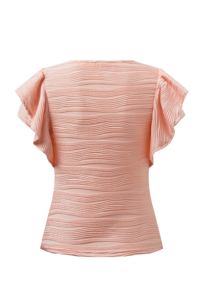 Apricot Pink Wavy Textured Ruffle Sleeve Top