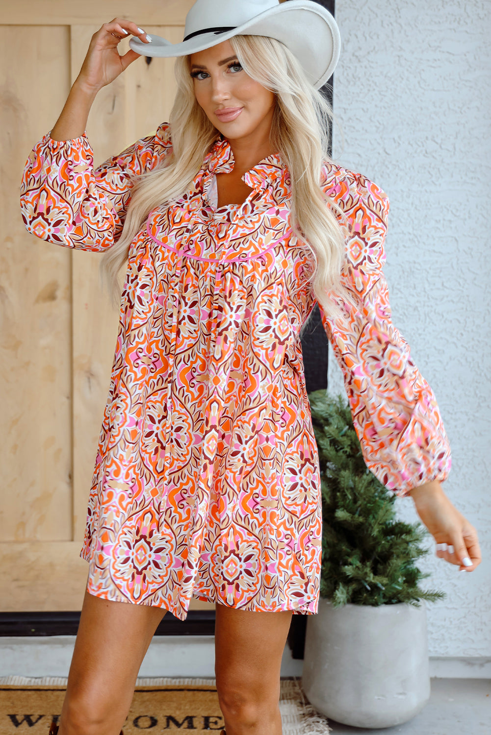 Khaki Abstract Printed Long Sleeve Tied Neckline Mini Dress