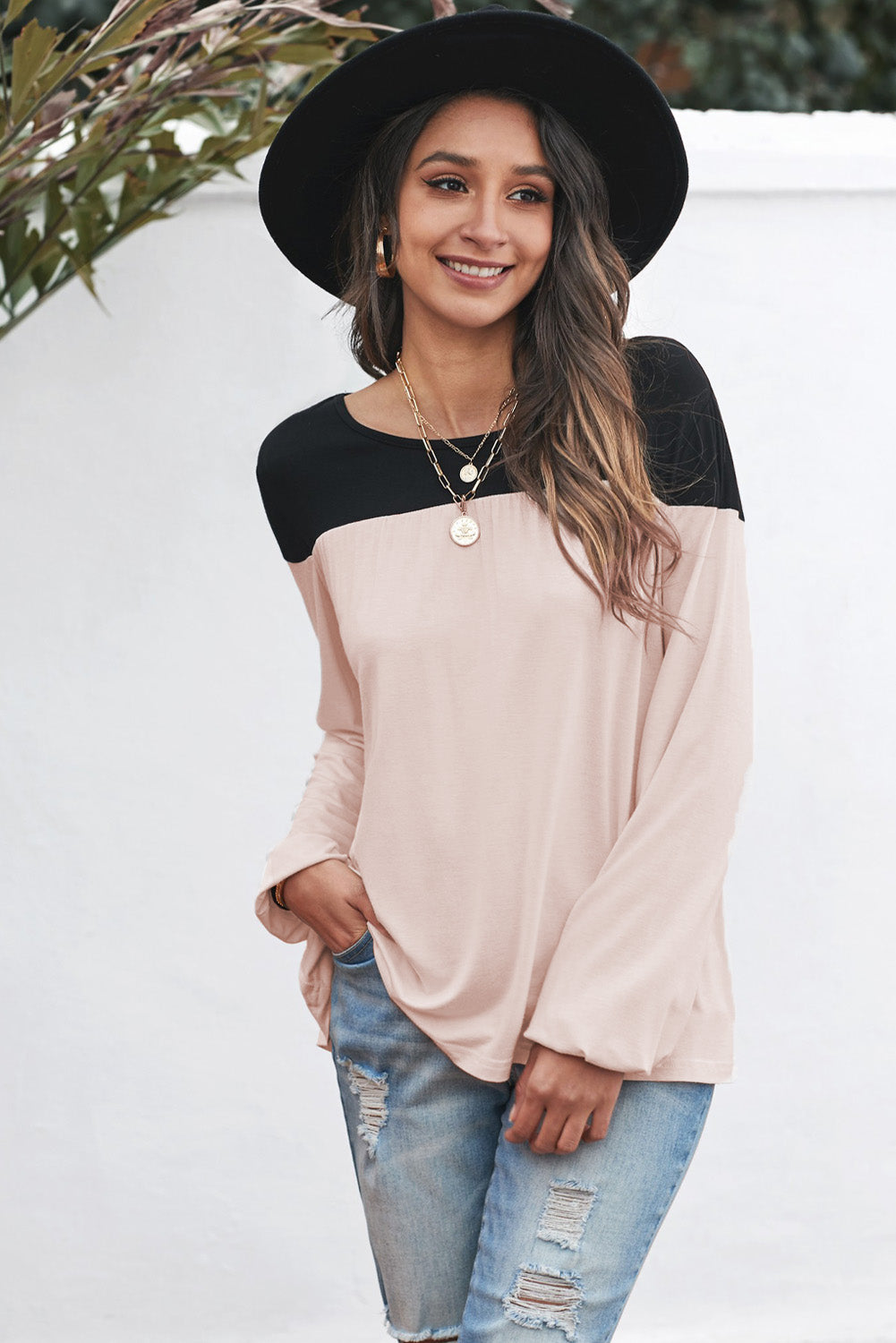 Contrast Balloon Sleeve Blouse