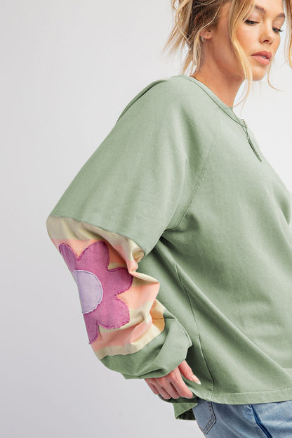 Smoke Green Flower Patchwork Raglan Sleeve Exposed Seam Oversized Top