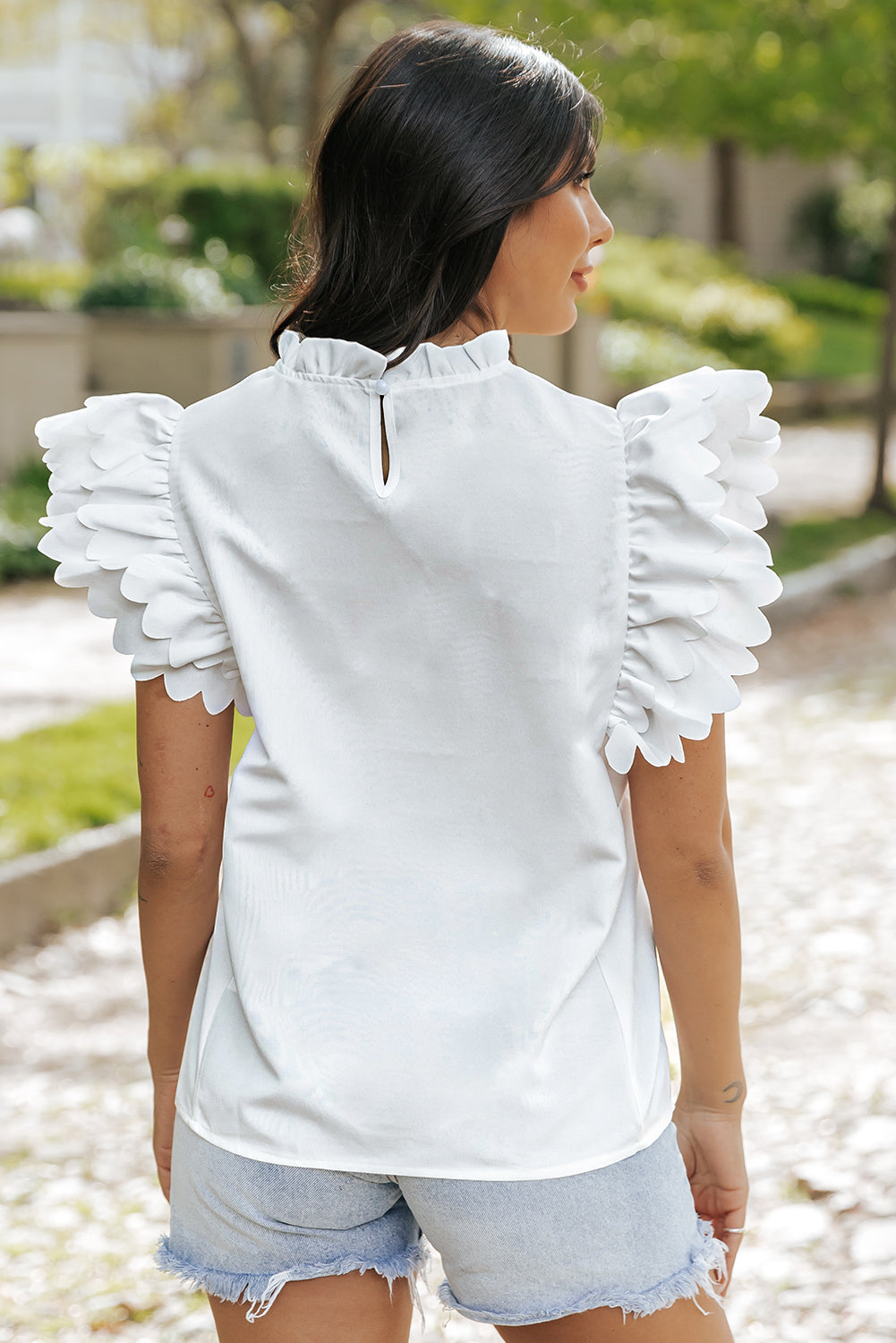 White Solid Color Scalloped Ruffle Sleeve Top