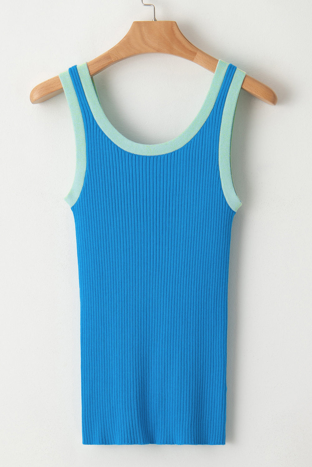 Blue Colorblock Edge Ribbed Knit U Neck Tank Top