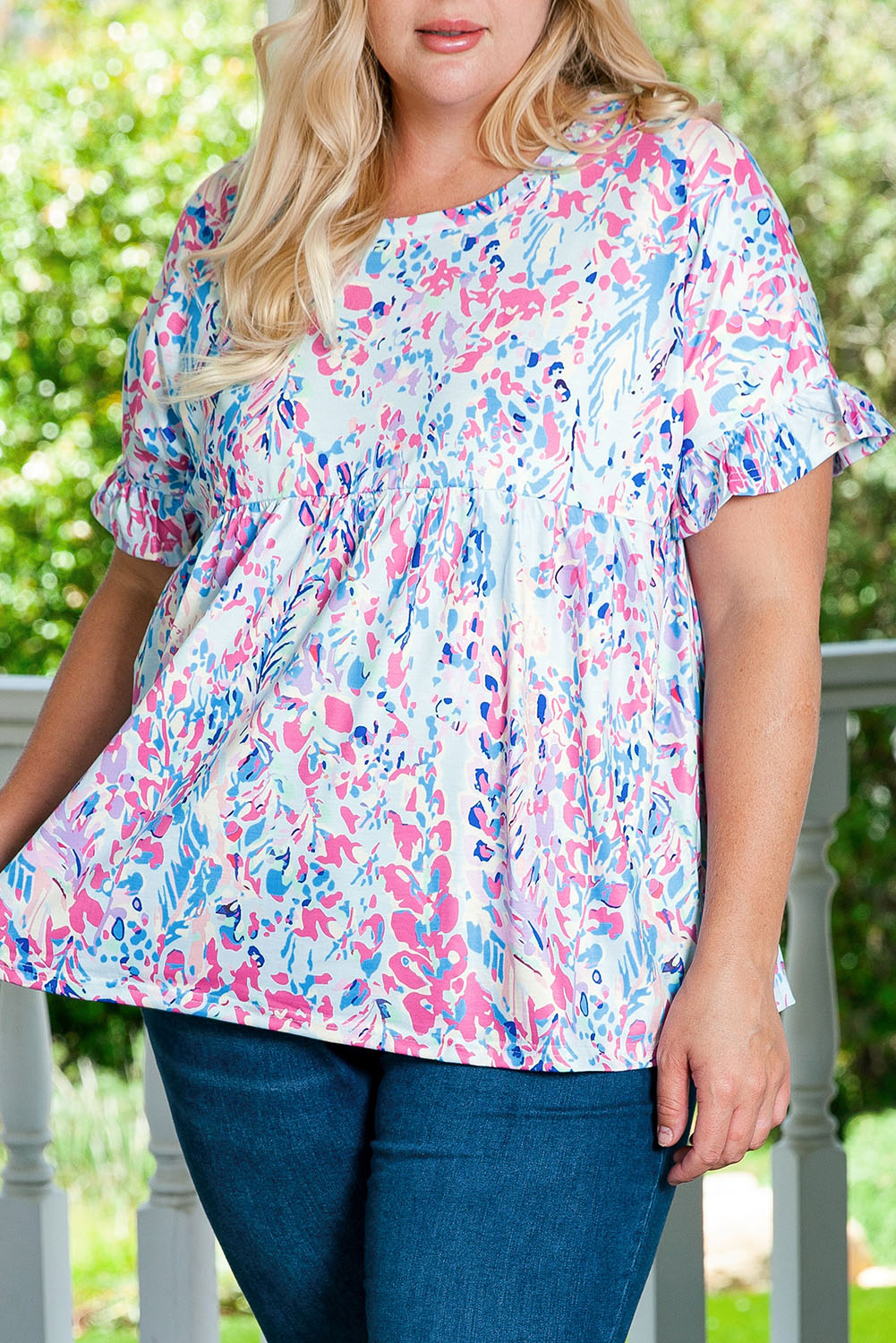 Purple Vibrant Botanical Print Frill Short Sleeve Plus Size Top