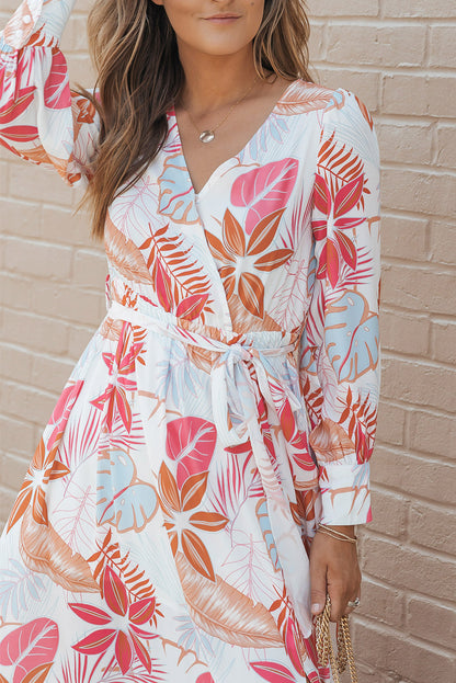 Tropical Plant Print Long Sleeve Wrap V-Neck Slit Maxi Dress