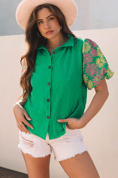 Bright Green Floral Puff Short Sleeve Ruffled Collar Button Back Top