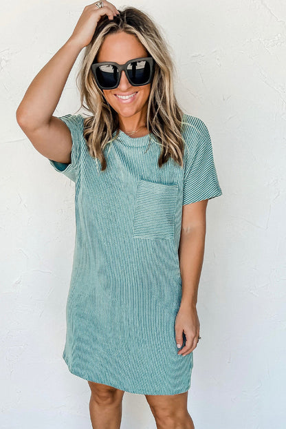 Blue Striped Ribbed Knit T-shirt Shift Dress