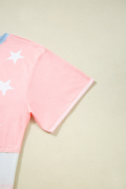 Pink Stars and Stripes Printed Crewneck Independence Day T Shirt
