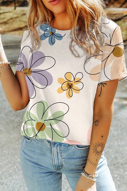 Beige Summer Flower Print Casual Round Neck T Shirt