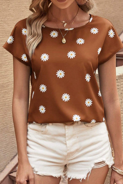 Chestnut Daisy Print Short Sleeve Top