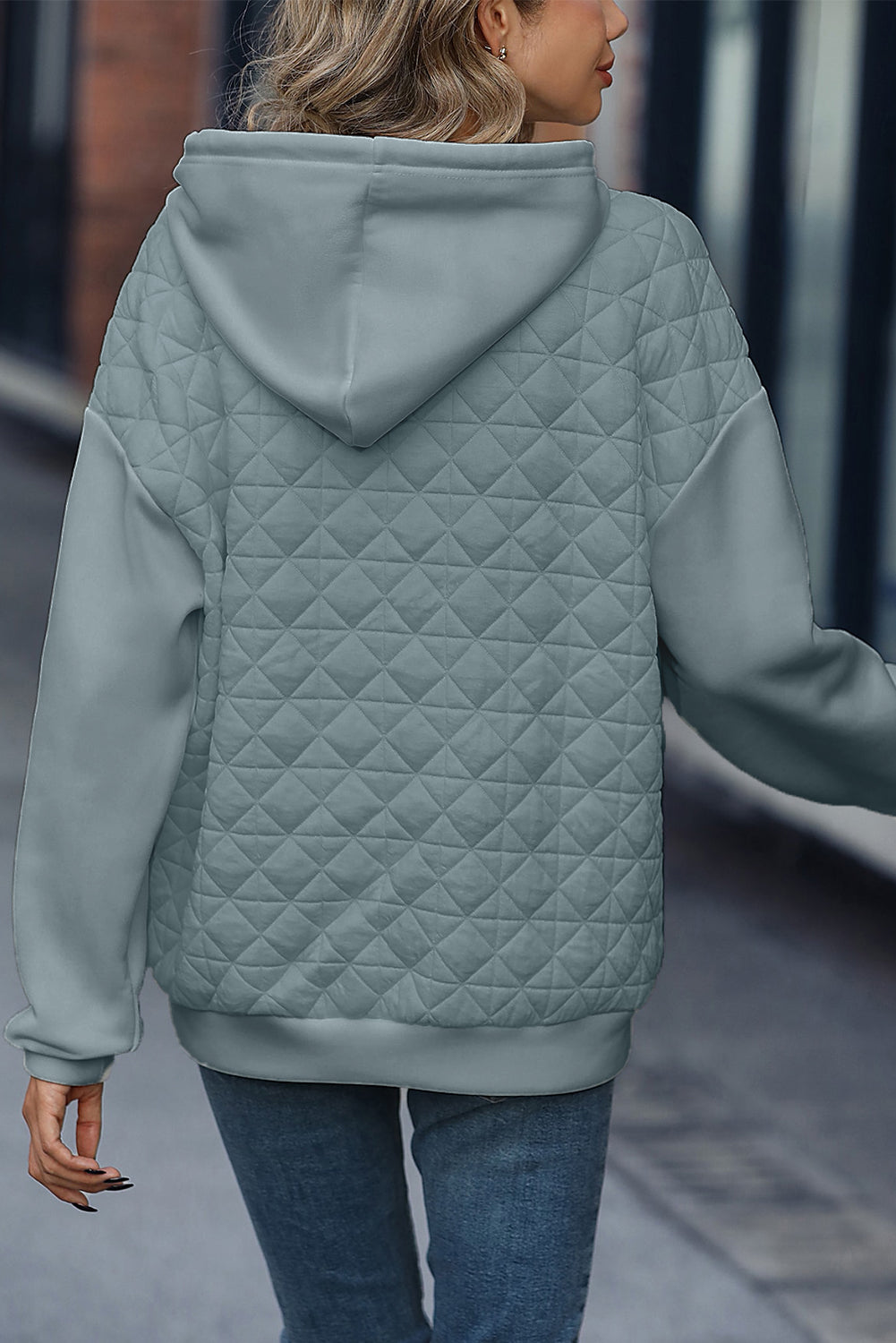 Light Grey Drop Shoulder Quilted Patchwork Kangaroo Pocket Hoodie