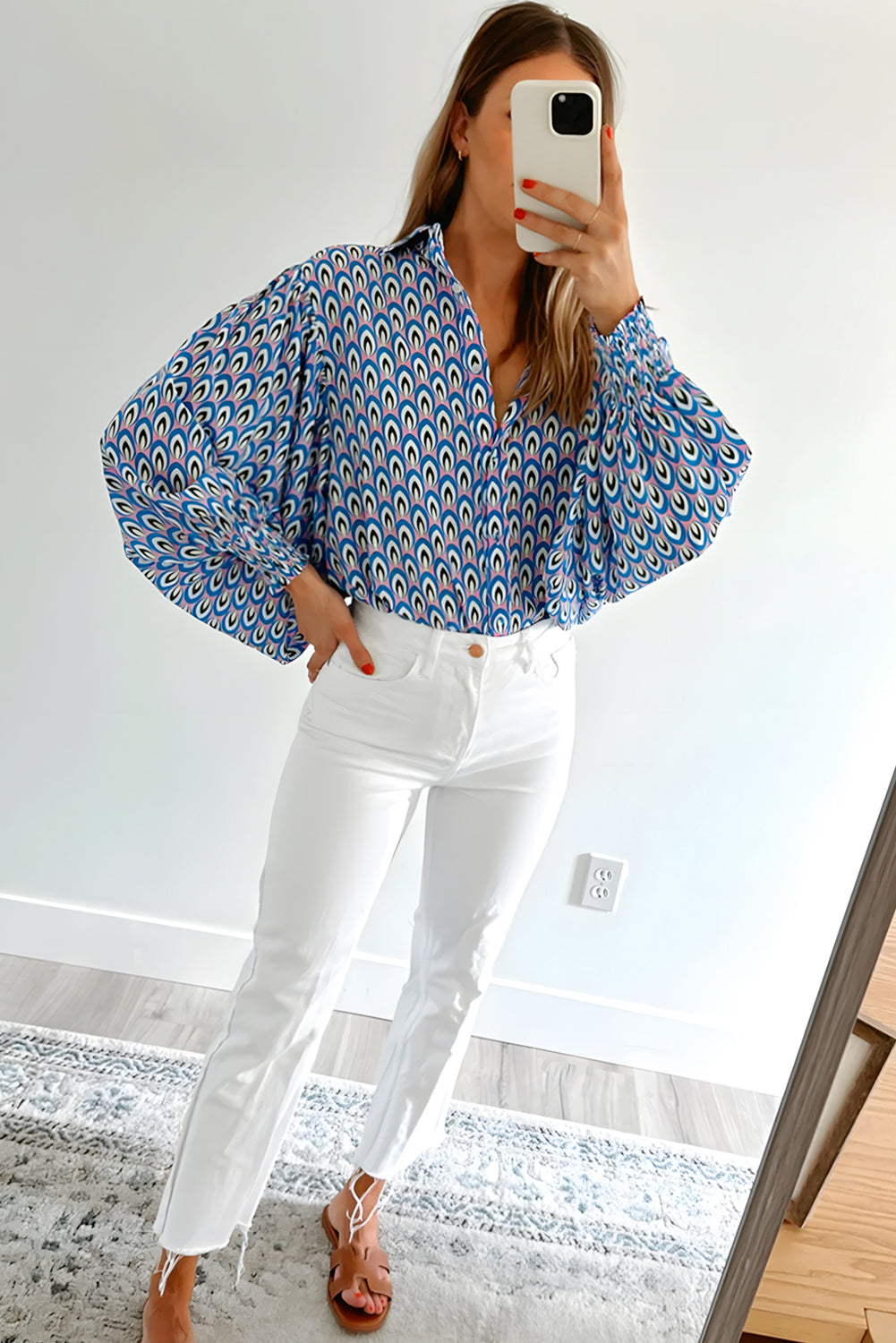 Sky Blue Abstract Print Shirred Cuff Buttoned Oversized Shirt