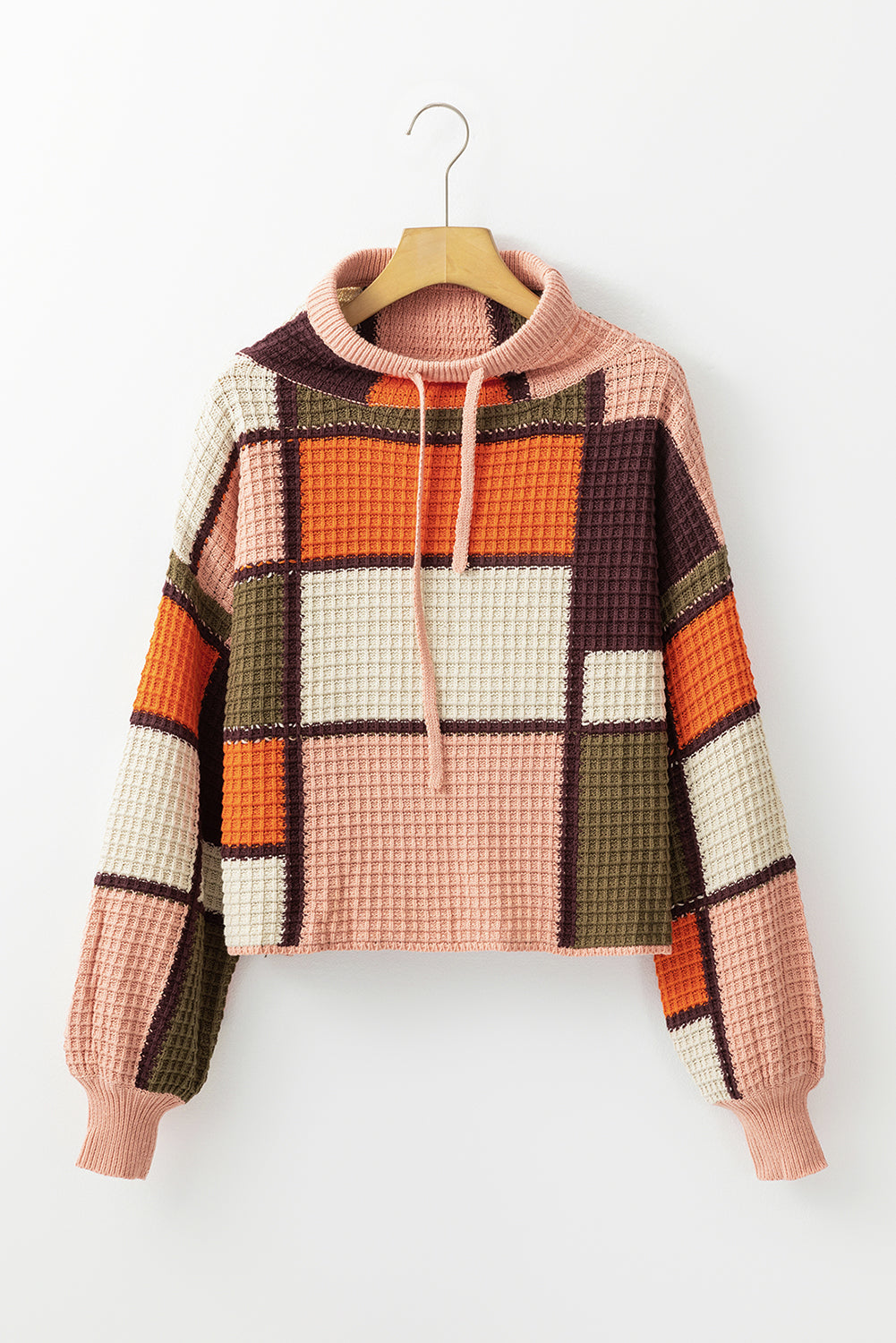 Orange Color Block Waffle Knit Drawstring Mock Neck Sweater