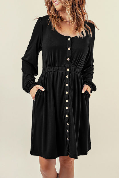 Black Button Up High Waist Long Sleeve Dress