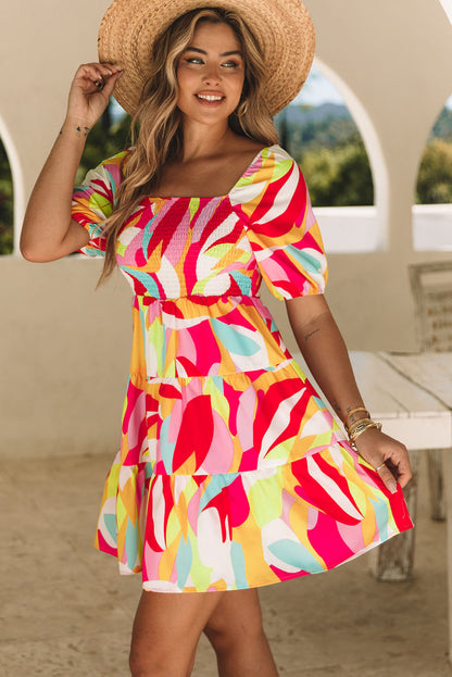 Multicolor Geometric Print Smocked Babydoll Mini Dress