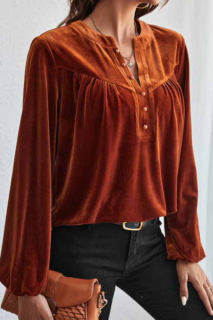 Gold Flame Lantern Sleeve Beaded Split V Neck Velvet Top