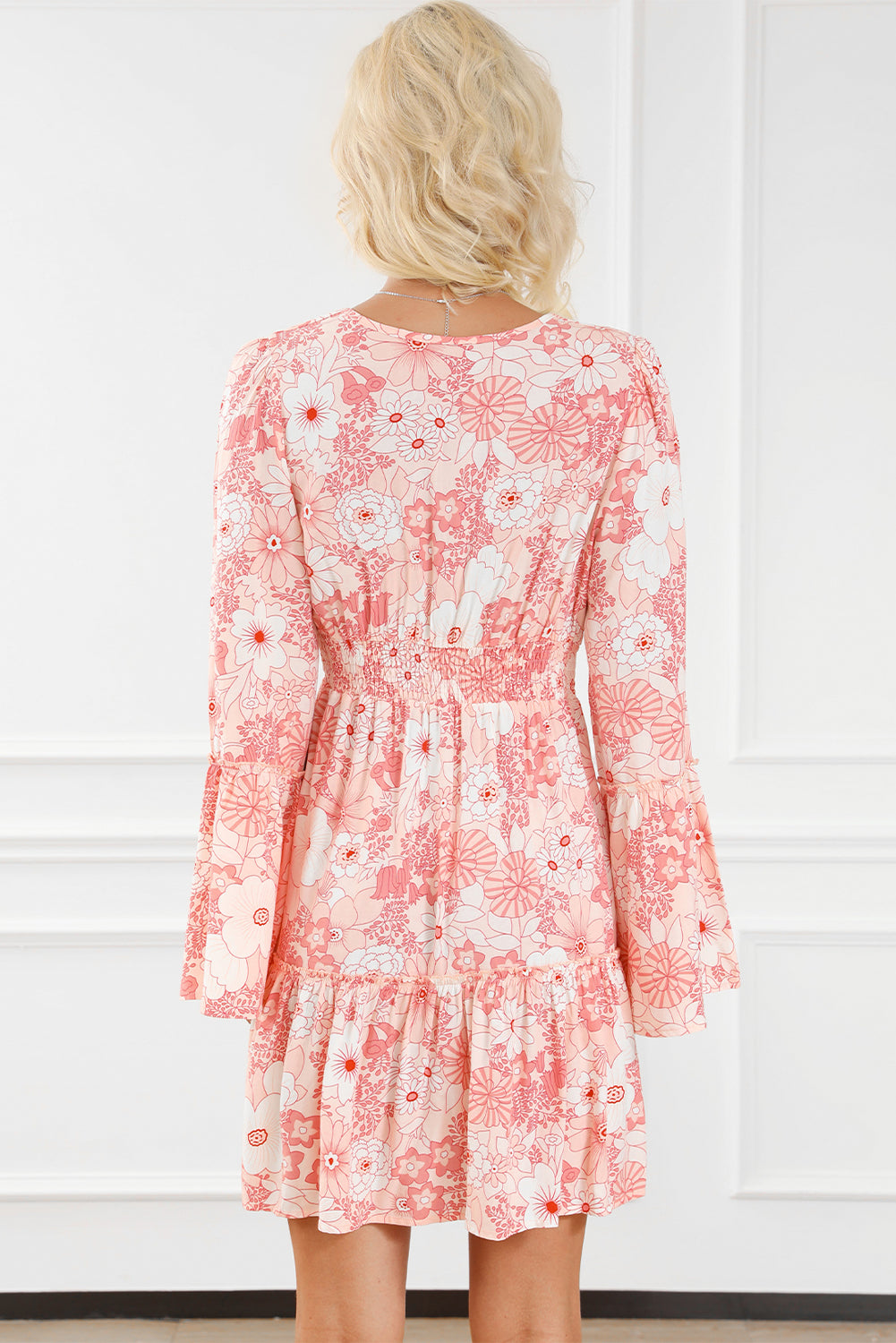 Floral Smocked High Waist Bell Sleeve Mini Dress